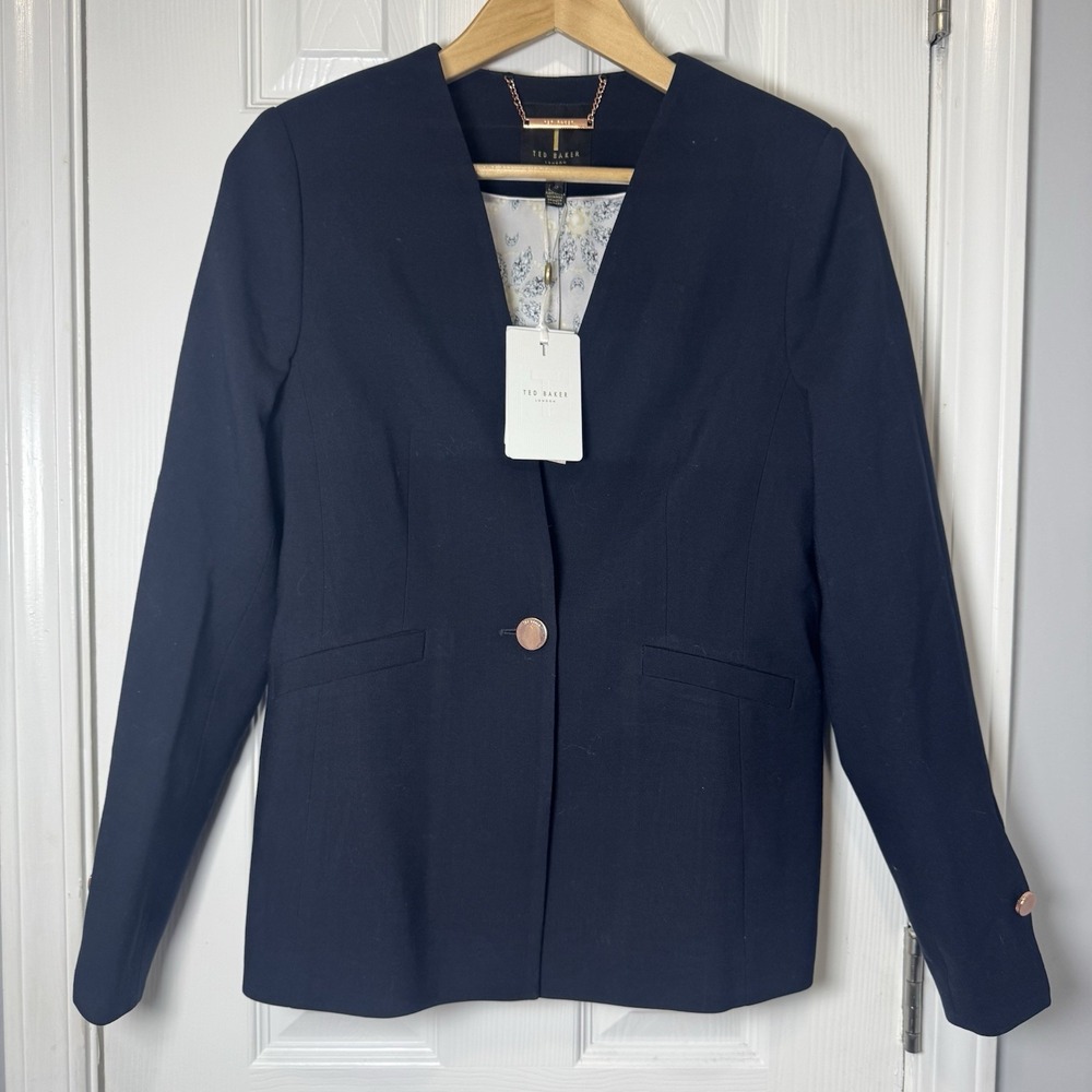 TED BAKER Cerisa Tailored Blazer in Navy Blue‎ US Size 2 Collarless Wool NWT